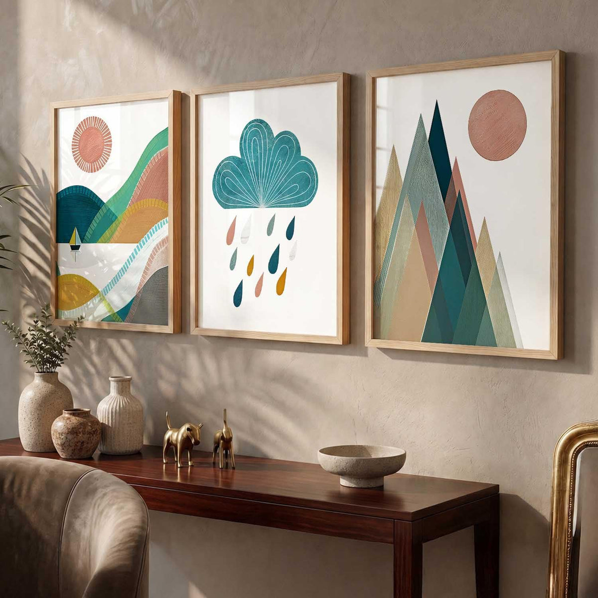 Boho Art Home Decoration Paintings With Frame For Living Room Bed Room Hotel Wall Decor Digital Reprint Set of 3 (13X17 inch)