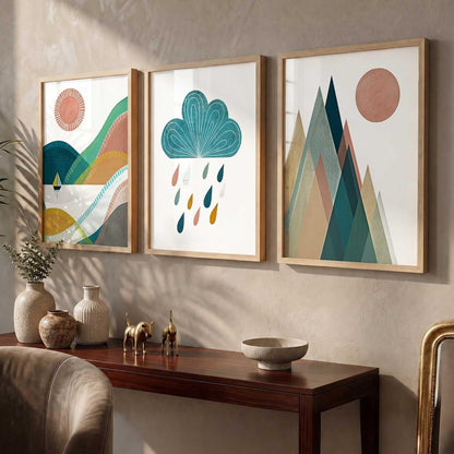 Boho Art Home Decoration Paintings With Frame For Living Room Bed Room Hotel Wall Decor Digital Reprint Set of 3 (13X17 inch)
