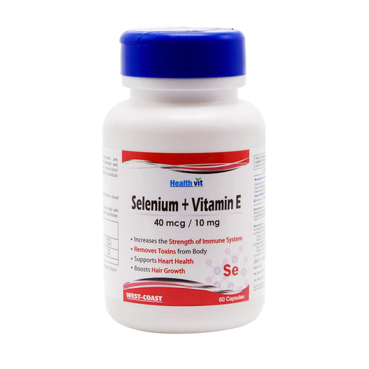 Bottle of Healthvit Selenium + Vitamin E supplement on a white background