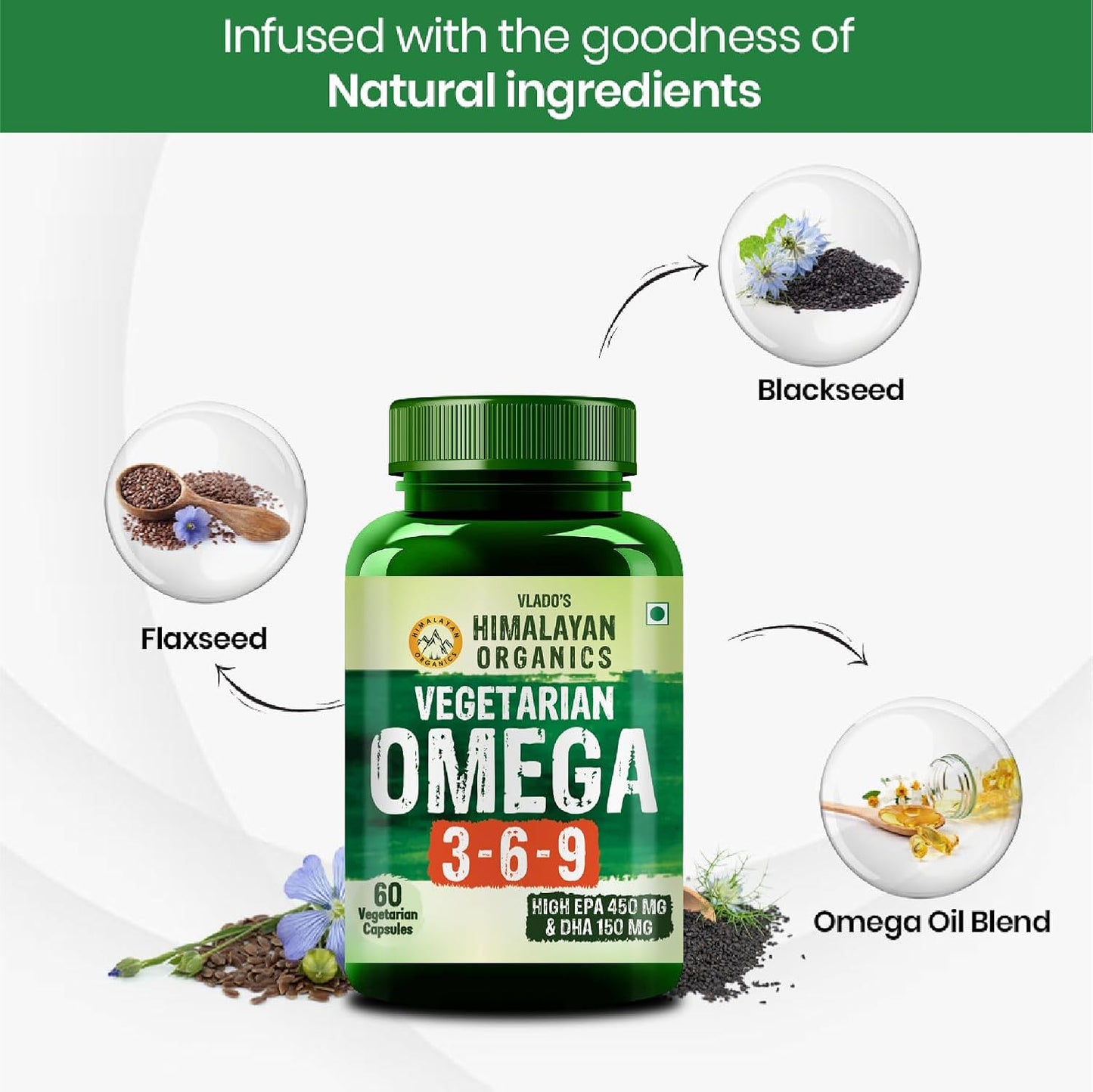 Vlado's Himalayan Organics Omega 3 6 9-2000mg/Serving I Vegetarian Omega 3 Supplement I Support Muscle,Bone,Heart & Skin - No Burps, No Fish Oil Used Capsules for Men & Women- 60 Capsules