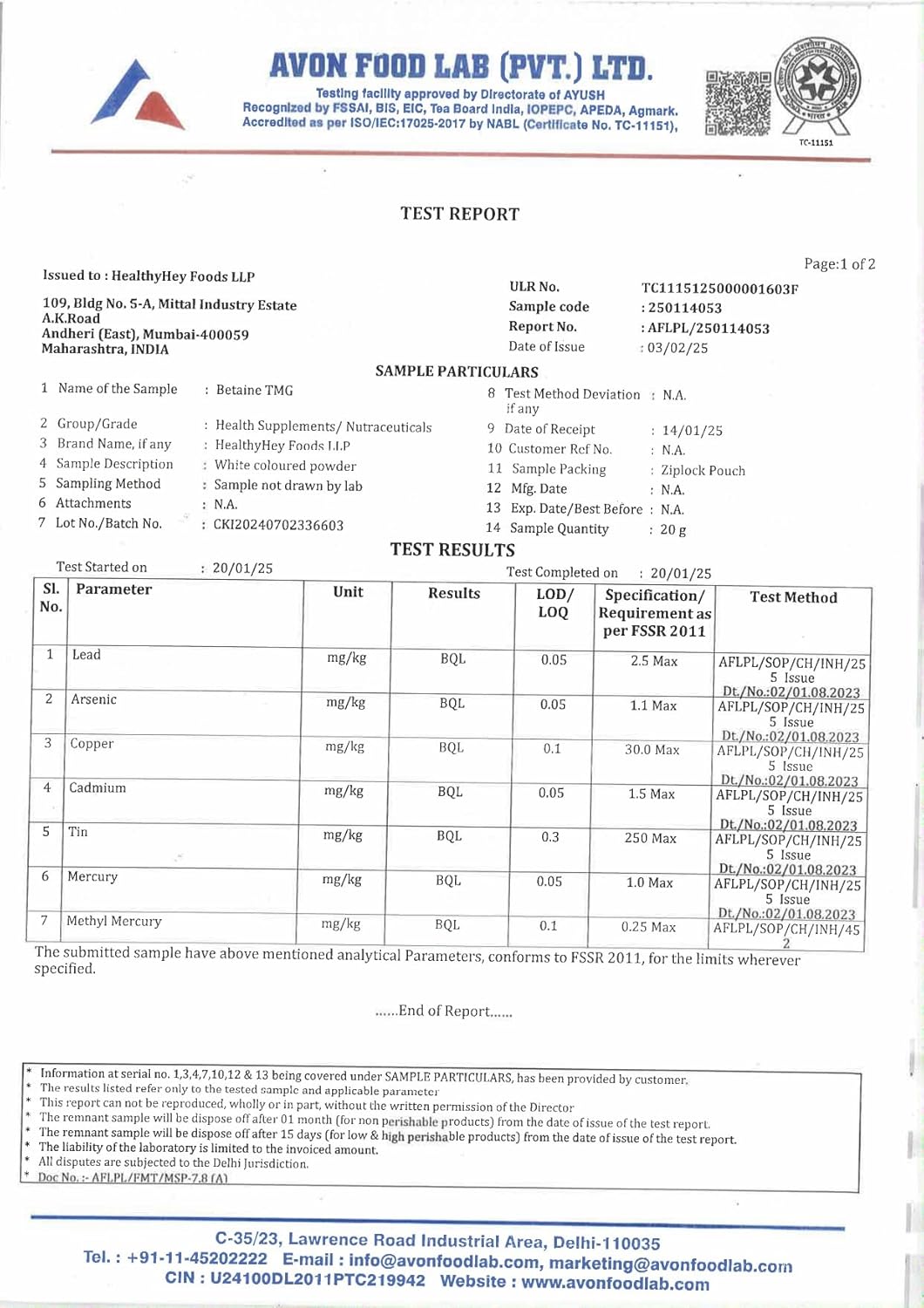 Avon Food Lab test report with various parameters and results.