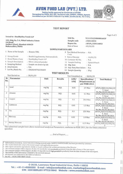 Avon Food Lab test report with various parameters and results.