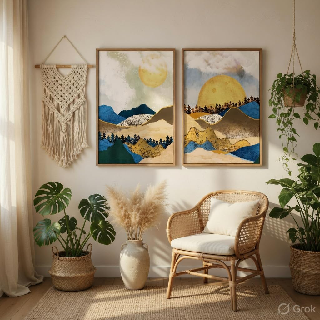 Abstract Mountain Landscape Wall Painting Set of 2 with Wooden Frames | Modern Sun Mountain Artwork HD Sparkle Laminated MDF Wall Decor | Nature Wall Art for Living Room