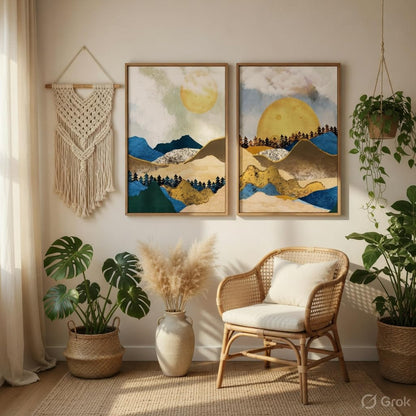 Abstract Mountain Landscape Wall Painting Set of 2 with Wooden Frames | Modern Sun Mountain Artwork HD Sparkle Laminated MDF Wall Decor | Nature Wall Art for Living Room