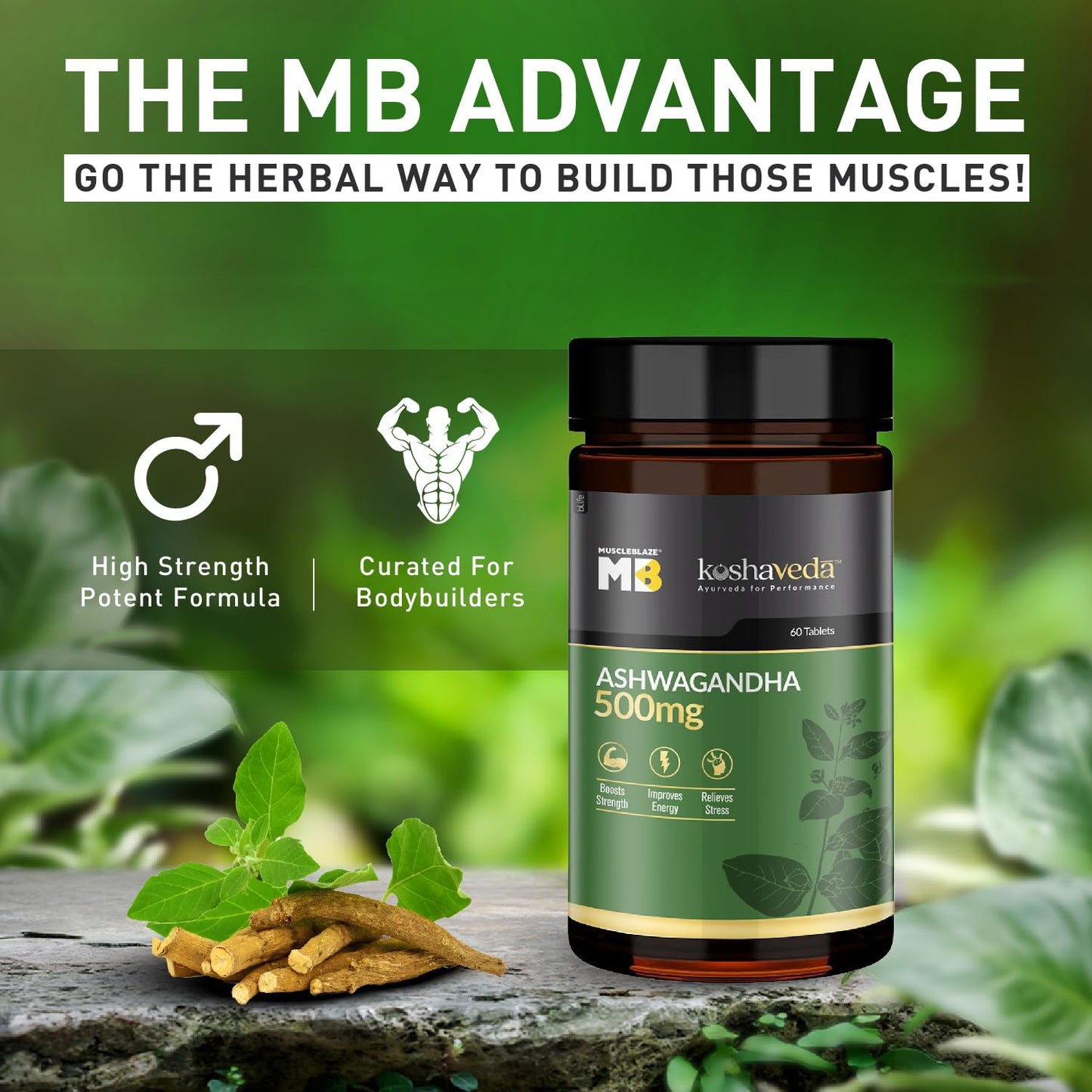 MuscleBlaze Koshaveda Ashwagandha 500mg (60 Tablets) | Ayurveda for Performance, Ayush Approved, High Strength Potent Formula | Boost Muscle Mass & Strength, Enhance Immunity