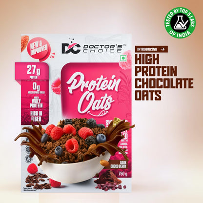Doctors Choice High Protein Oats 750g | 27g Protein Oatmeal | Dark Choco Berry Flavor | No Added Sugar | Gluten Free | High Fiber Healthy Breakfast Oats