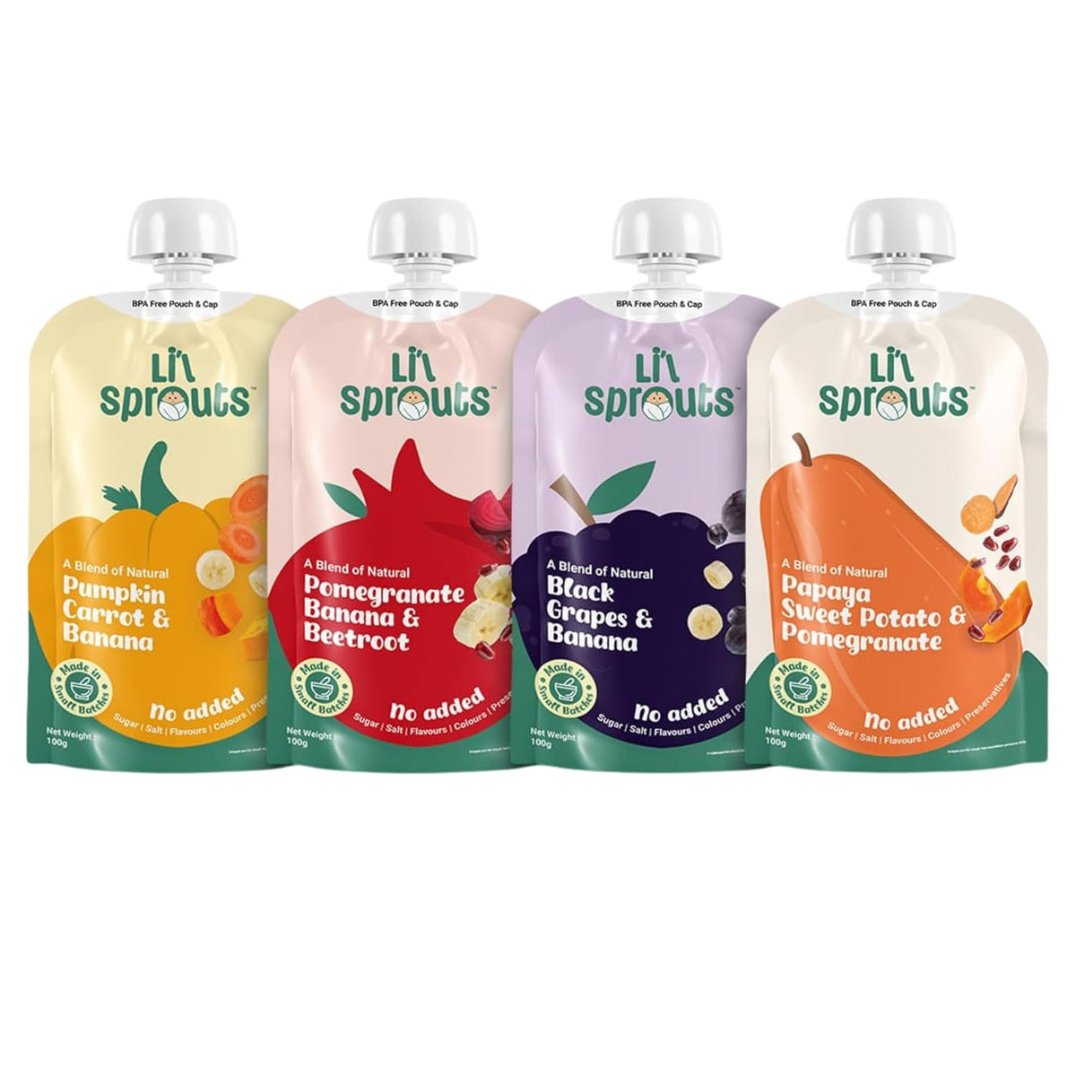 Li'l Sprouts FruGies Veggie Lover Combo Pack | Baby Food Puree | 4 Flavours | 6 Months+| Ready-to-Eat | Infant Travel Food | Pack of 4, 100g each | All Natural, No Salt, No Sugar and No Preservatives | Packed with Nutrients