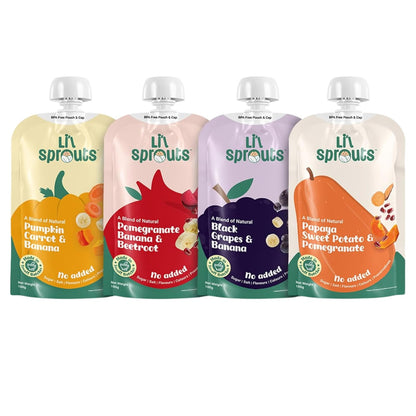 Li'l Sprouts FruGies Veggie Lover Combo Pack | Baby Food Puree | 4 Flavours | 6 Months+| Ready-to-Eat | Infant Travel Food | Pack of 4, 100g each | All Natural, No Salt, No Sugar and No Preservatives | Packed with Nutrients
