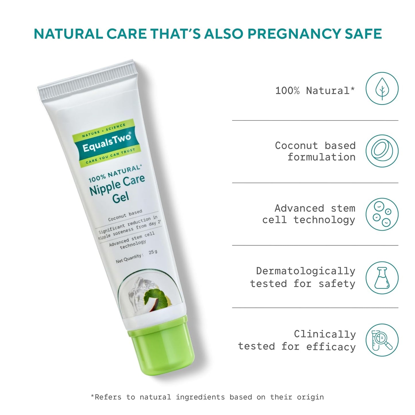 EQUALSTWO by Zydus Nipple Care Gel for Cracked & Sore Nipples, 25gm, 100% Natural Soothing Nipple Gel Cream for Breastfeeding & New Mom, Hypoallergenic, Dermatologically Tested, Pack 1