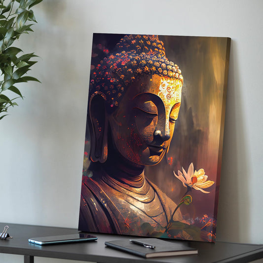 Stretched Modern Canvas Wall Art Painting, Peaceful Lord Buddha with Flower Artwork for Living Room, Home, Bedroom, Office Decoration (Set of 1, 16x22 Inch)