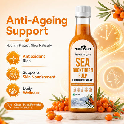 Nutrasium Himalayan Sea Buckthorn Berry Juice - 500 ml - Natural Source of Vitamin C, Omega 3 6 7 9, Antioxidants for Immunity, Skin Glow & Gut Health - 50 Glasses