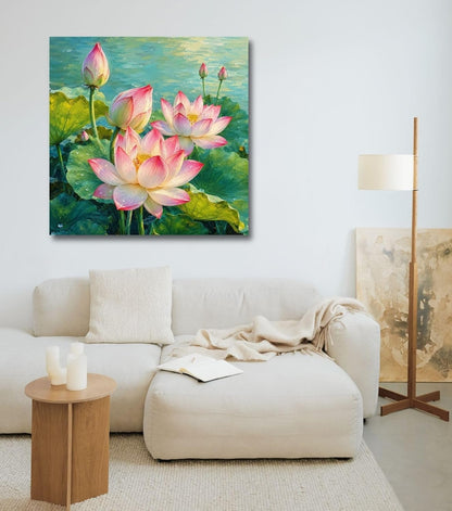Lotus Flower Painting for Wall Vastu (15+ DESIGNS) Framed Lotus Canvas Painting for Living Room, Bedroom | Nature Floral Wall Art with Multiple Design Variations (Multi Lotus, 18x18 Inch, Framed)