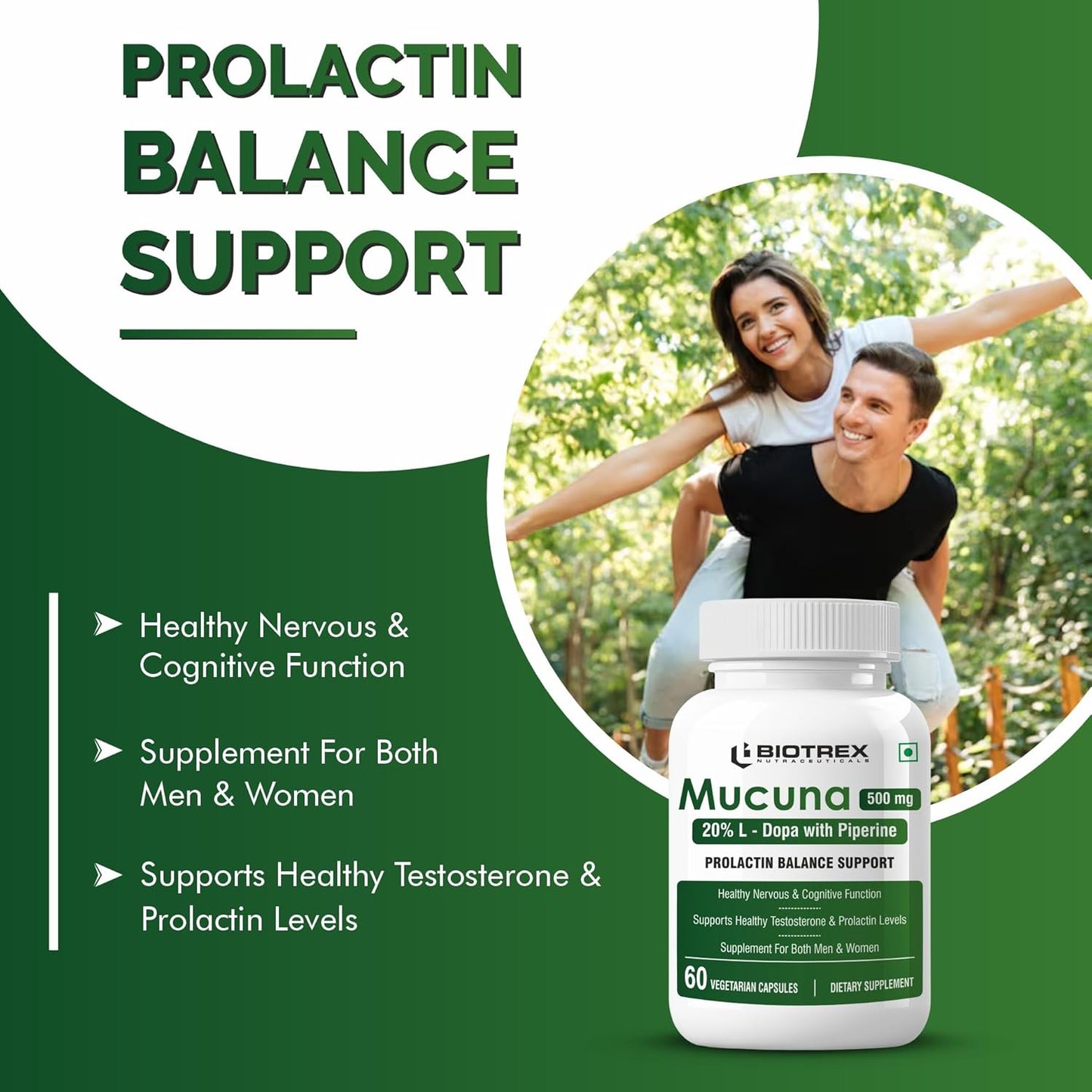 Biotrex Nutraceuticals Mucuna Pruriens (Kapikachhu) (20% L-Dopa) 500mg With Piperine 5mg | Vitality Booster, Motility & Nerve Function - 60 Veg Capsules