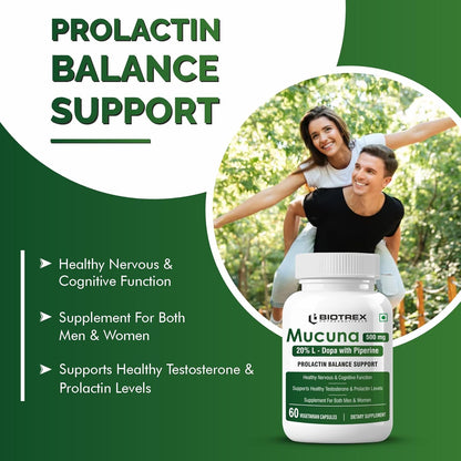Biotrex Nutraceuticals Mucuna Pruriens (Kapikachhu) (20% L-Dopa) 500mg With Piperine 5mg | Vitality Booster, Motility & Nerve Function - 60 Veg Capsules