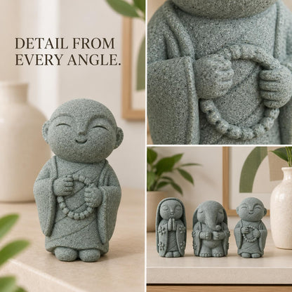 Street27 3Pcs Zen Monk Statue Set, Mini Sandstone Buddha Monk Figurines for Home, Office Desk, Aquarium, Car Dashboard, Meditation Room & Table Decor, Grey