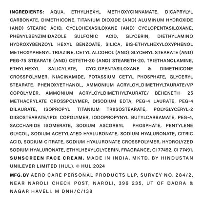 List of ingredients for a sunscreen face cream on a white background