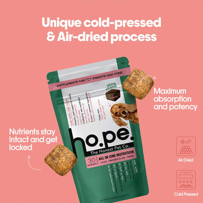 Hope All in One 14-in-1 Supplement Chews for Dog 30 Vegan hoplets |Multivitamins, Joint Support, Probiotics, Biotin, Omega 3 & 6| Pet Chews for Absolute Wellness | ColdPressed, Hypoallergenic
