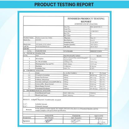 Product testing report with a blue border on a white background