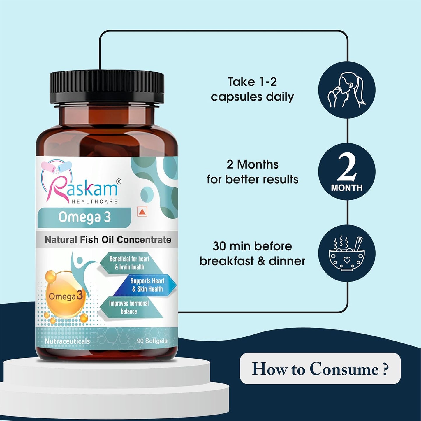 Raskam Omega 3 supplement bottle with usage instructions on a light blue background