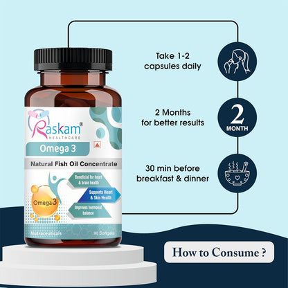 Raskam Omega 3 supplement bottle with usage instructions on a light blue background