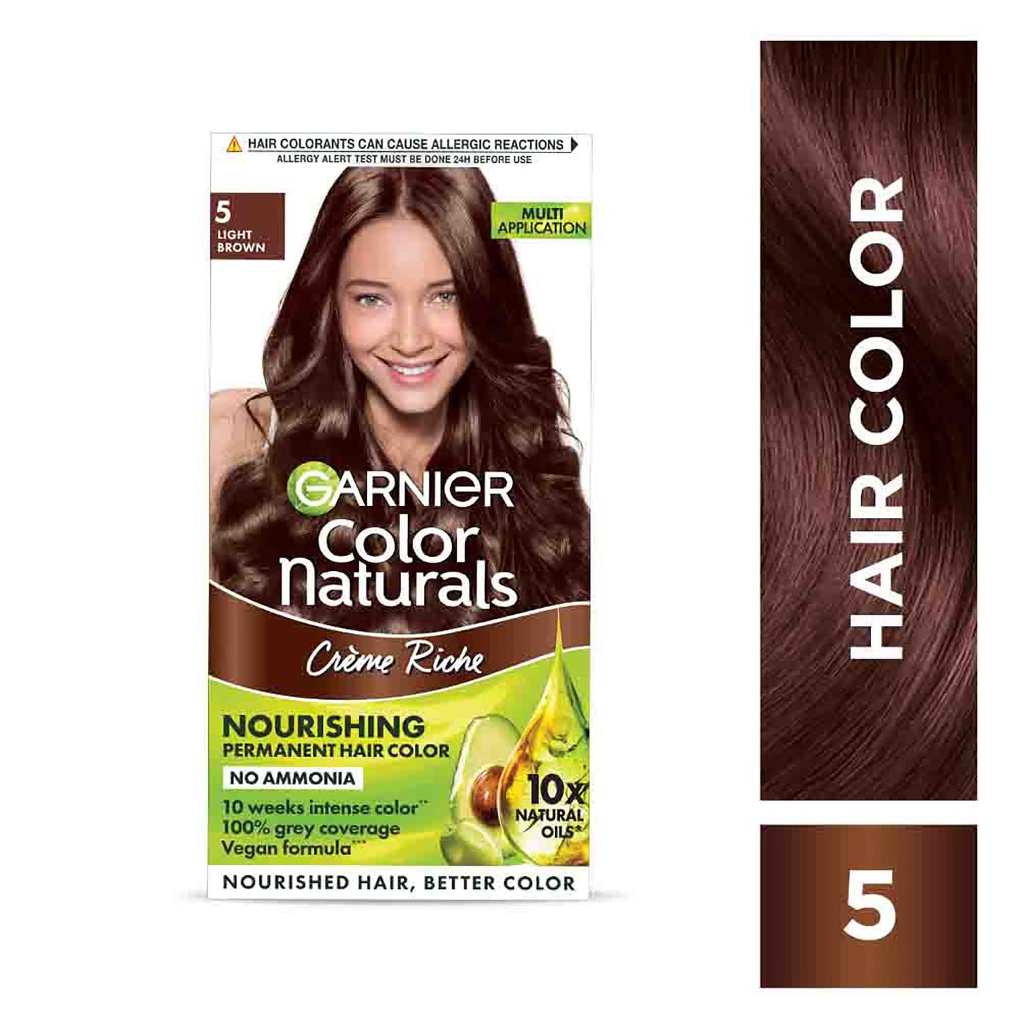 Garnier Color Naturals hair color kit with a woman's face on the packaging and a close-up of brown hair on the side.