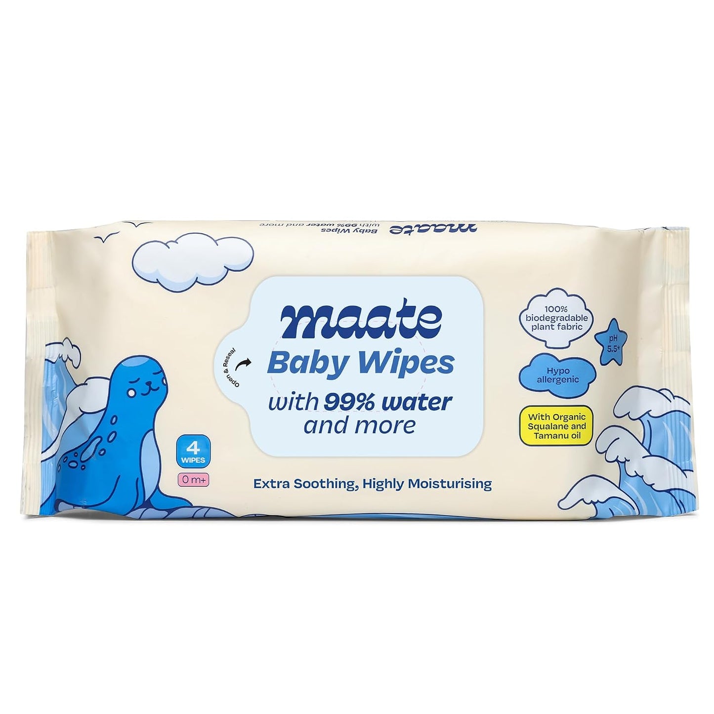 Maate Baby Wipes | Soothing & Hypoallergenic | Infused With Plant Squalane, Tamanu Oil & Aloe Vera | Moisturizing & Hydrating | Wipe for Baby's | Paraben & Sulphate Free (pack of 1, 4 wipes)