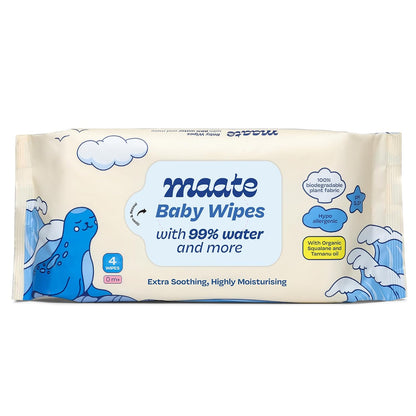 Maate Baby Wipes | Soothing & Hypoallergenic | Infused With Plant Squalane, Tamanu Oil & Aloe Vera | Moisturizing & Hydrating | Wipe for Baby's | Paraben & Sulphate Free (pack of 1, 4 wipes)