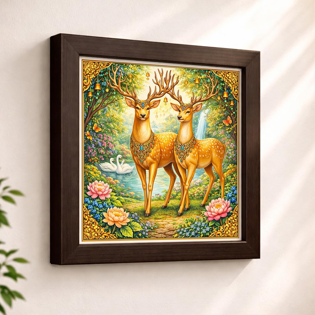 Golden Deer Pair Money Vastu Prosperity Luck Harmony Nature Sacred Framed Poster Artwork Decor Painting