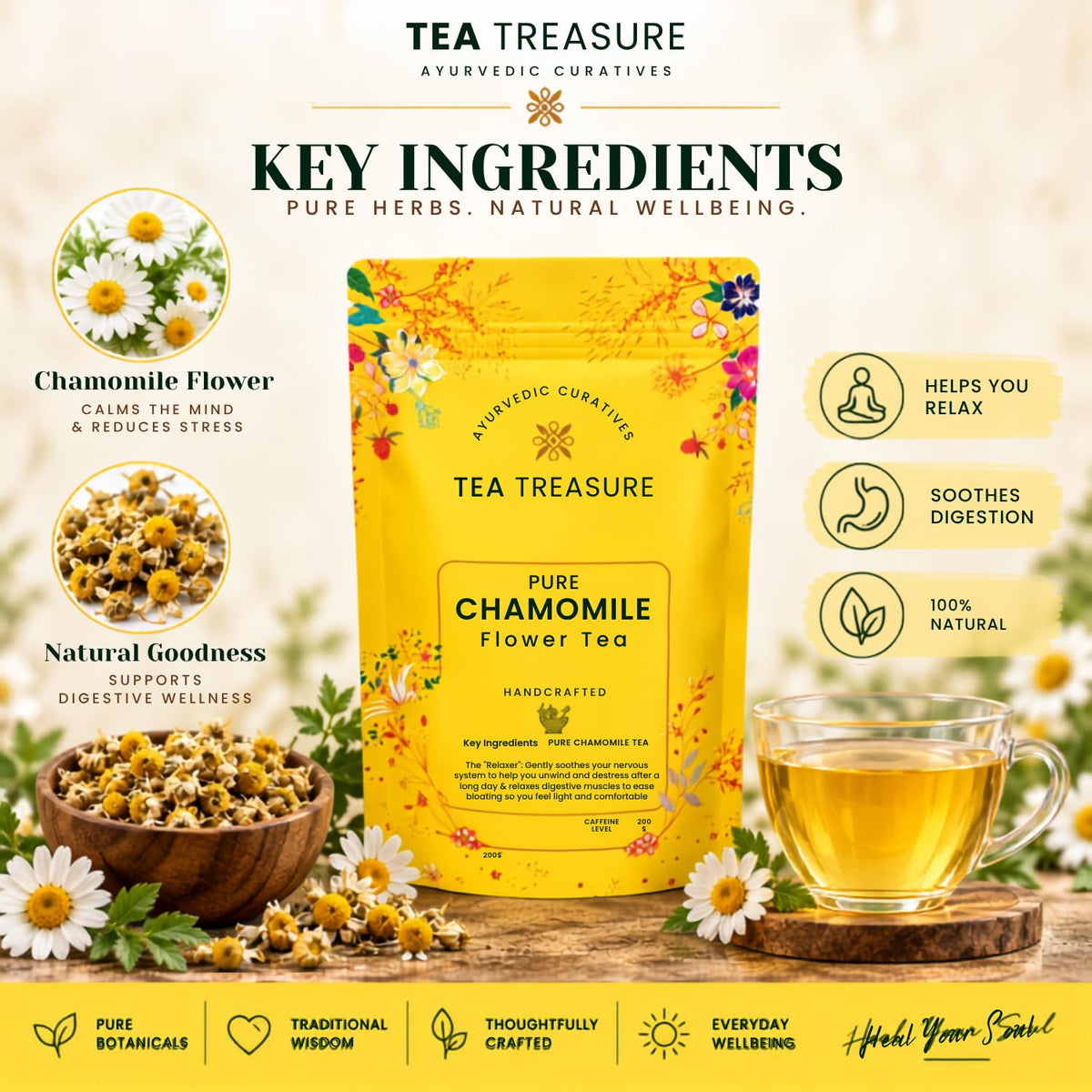 Tea Treasure Chamomile Flower Tea - 100g | Pure Natural Dried Chamomile Flowers | Caffeine-Free Herbal Tea | Non-Bitter | Sleep & Relaxation |Stress Relief | Soothing Bedtime Herbal Infusion