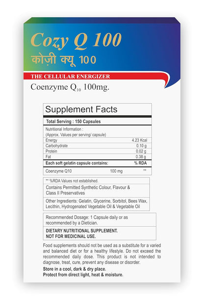 Cozy Q 100 supplement packaging with label and facts.
