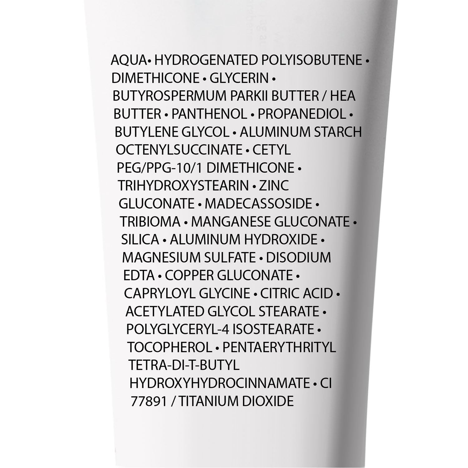 List of ingredients on a skincare product tube with a white background
