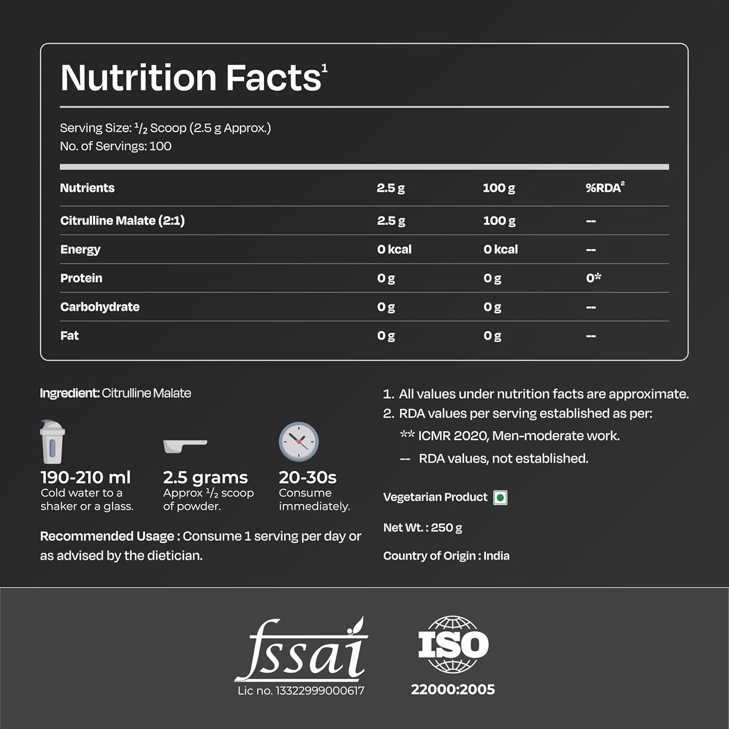 Nutrition facts label for a supplement with FSSAI and ISO logos on a dark background