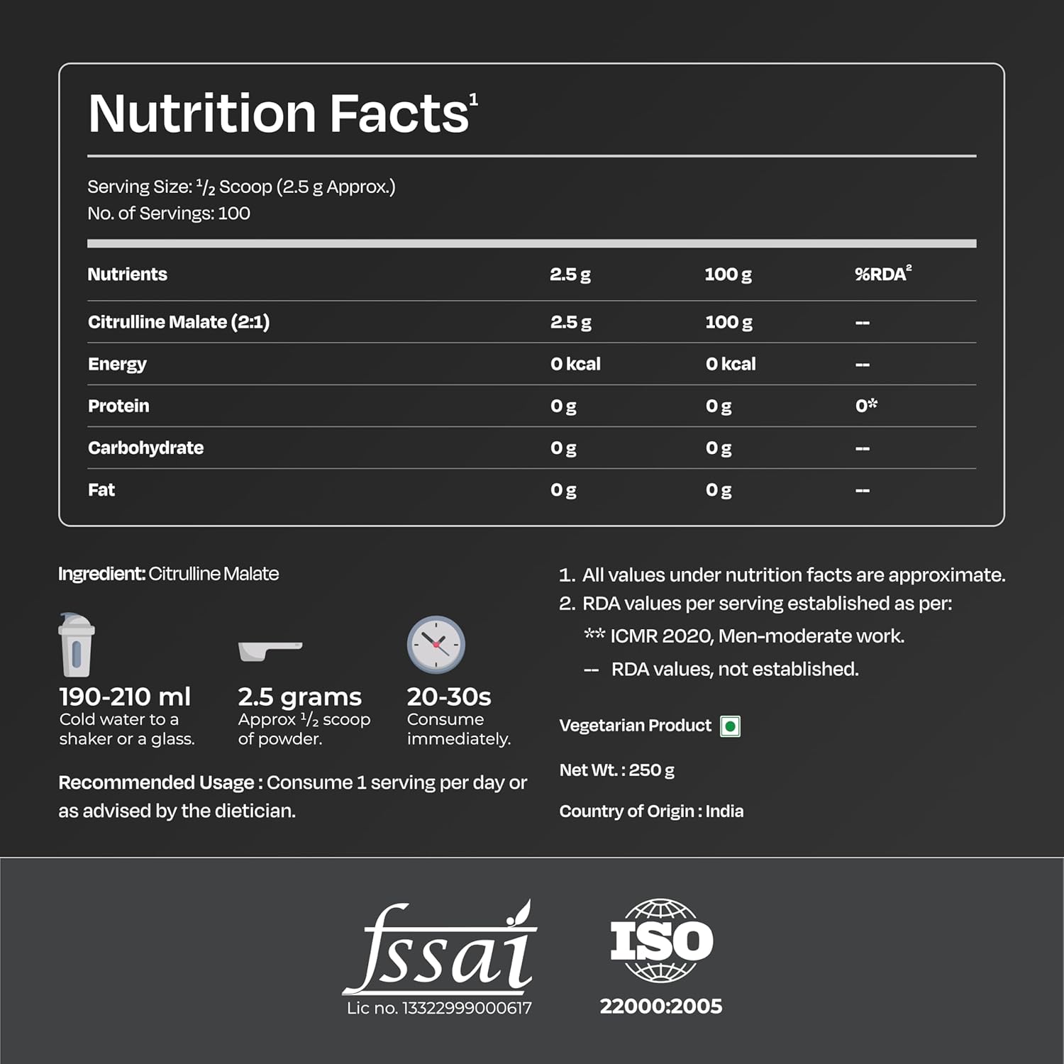 Nutrition facts label for a supplement with FSSAI and ISO logos on a dark background