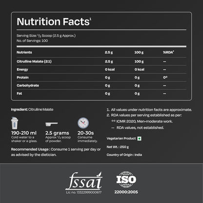 Nutrition facts label for a supplement with FSSAI and ISO logos on a dark background