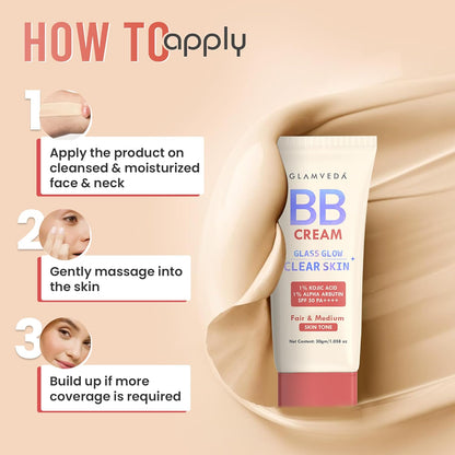 Glamveda BB Cream Lightweight Foundation | Fair & Medium Skin Tone BB Cream for Women With SPF 50++++ | Instant Spot Coverage | Light Make-up Glow | Non-Sticky & Waterproof | Colour Correction - 30g