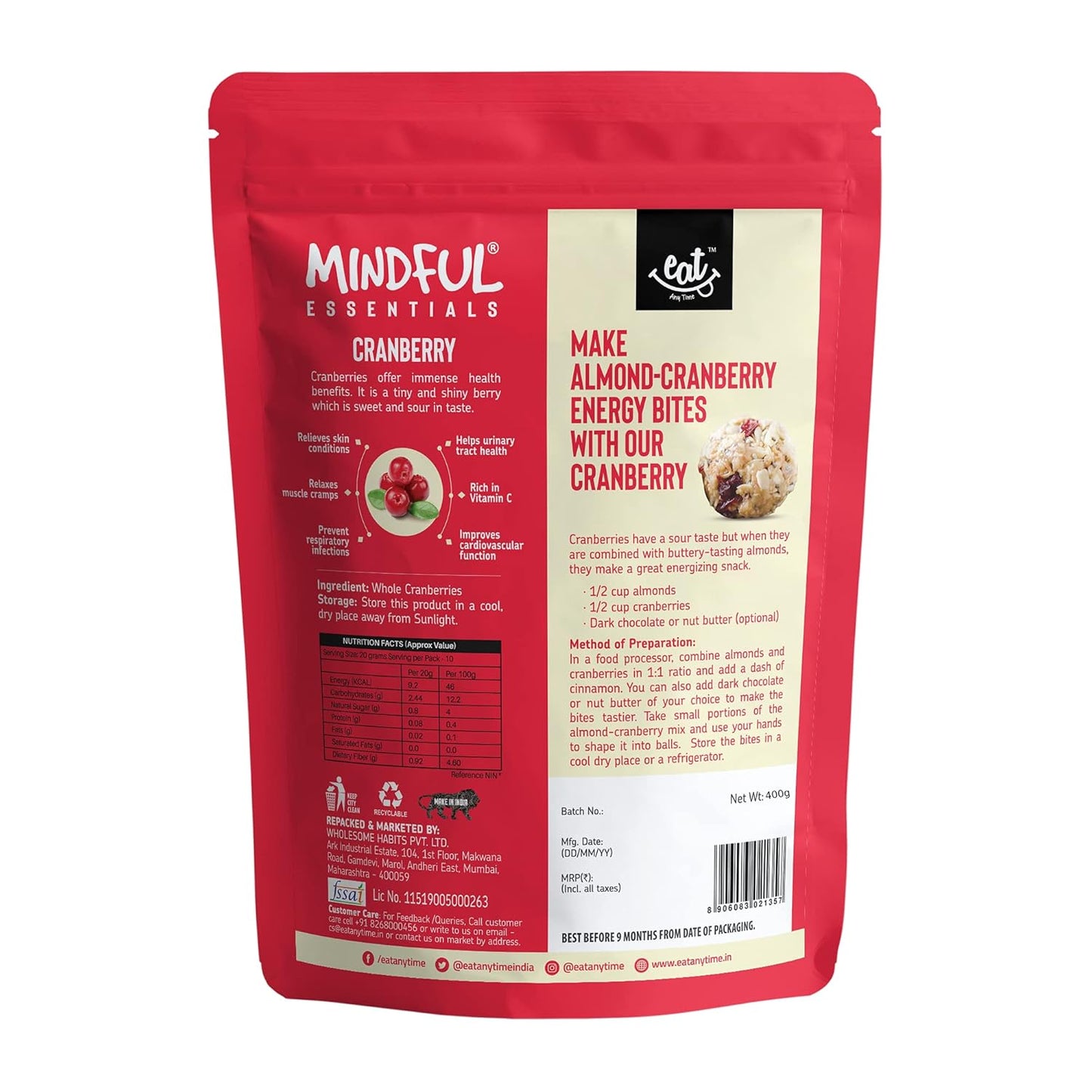 Eat Anytime Dried Californian Cranberries 400 g | 100% Natural, Dried Fruit & Berries | High Nutrient And Antioxidant | No Added Preservatives