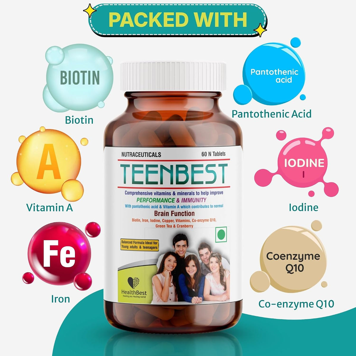 Healthbest Teen Multivitamin Tablets - Daily Vitamins for Teenagers - Boost Energy & Immunity - Natural Ingredients - 60 Tablets