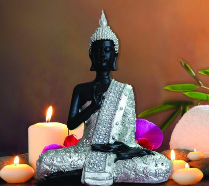 Handcrafted Meditating Lord Buddha Polyresin Idol (15 cm x 7.5 cm x 20 cm, Silver)