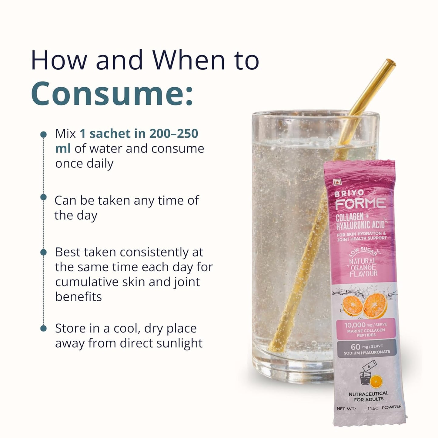 Elyx Forme collagen and hyaluronic acid powder package with a glass of water on a white background