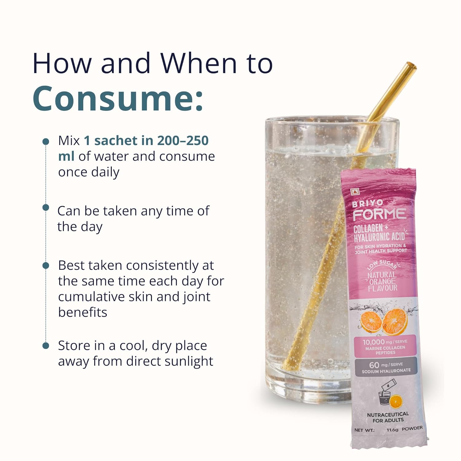 Elyx Forme collagen and hyaluronic acid powder package with a glass of water on a white background