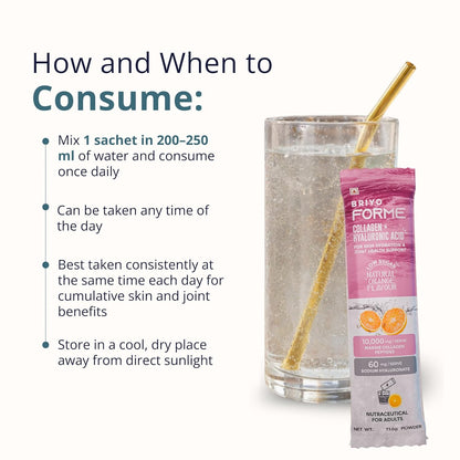 Elyx Forme collagen and hyaluronic acid powder package with a glass of water on a white background