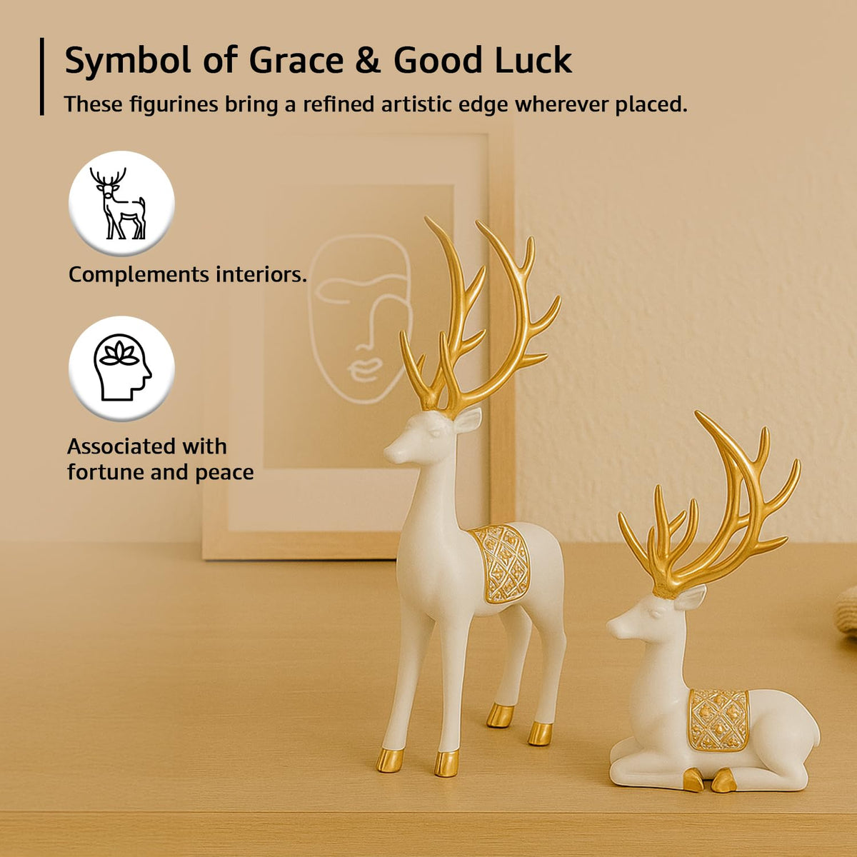 Amazon Basics Charming Polyresin Reindeer Décor | A Timeless Token of Grace & Good Luck | Elevate Your Festive & Everyday Spaces – Pack of 2, White & Golden
