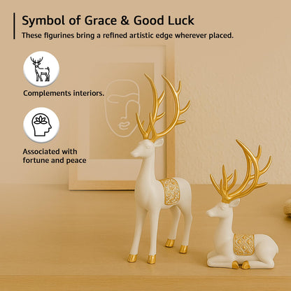 Amazon Basics Charming Polyresin Reindeer Décor | A Timeless Token of Grace & Good Luck | Elevate Your Festive & Everyday Spaces – Pack of 2, White & Golden