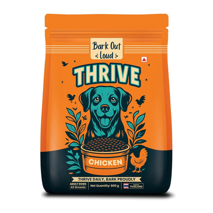 Thrive Bark Out Loud -Dry Dog Food Adult (800 gm) Real Chicken, Antioxidants, Vitamins & Minerals, Omega-3 & Omega-6, Yucca for Digestion Complete & Balanced Dog Food for All Breeds