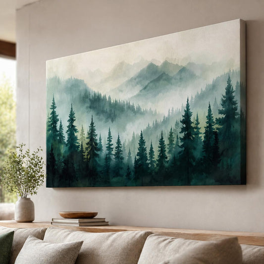 Misty Mountain Painting For Wall Vastu – Large Nature Landscape Painting for Living Room, Bedroom & Office –Nature Wall Art for bedroom, Big Size Green Scenery for Wall Decoration and Home decor Vastu (36 x 24 Inch, Rolled Canvas Only , Without Frame)