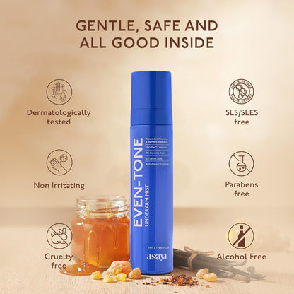 Asaya Even Tone Underarm Mist | Lightweight Spray for Underarm Pigmentation Removal & Odour Control | Even Tone Underarm Mist for Dark Underarms | Sweet Vanilla | 100 ml