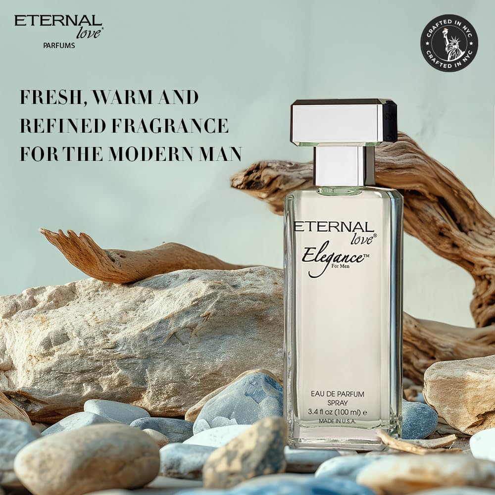 Perfume bottle labeled 'Eternal Love' on a natural stone and driftwood background