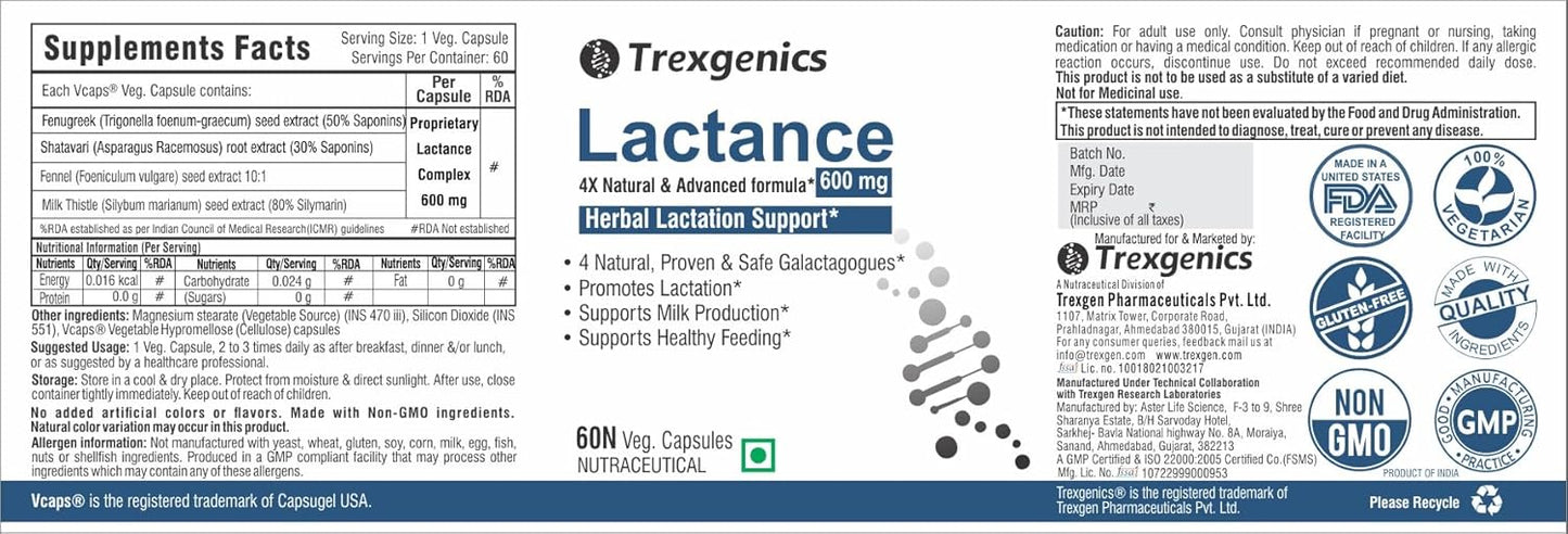 Trexgenics Lactance supplement label with branding and certification logos.
