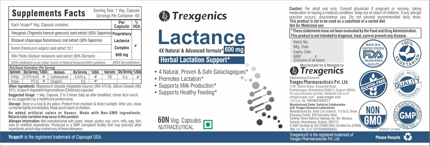 Trexgenics Lactance supplement label with branding and certification logos.