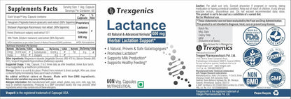 Trexgenics Lactance supplement label with branding and certification logos.